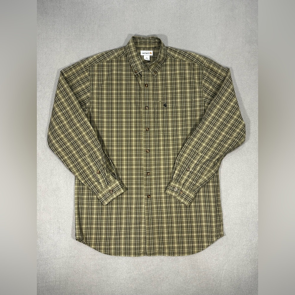 Carhartt Plaid Button Down Shirt Mens L Tall Green Workwear Cotton